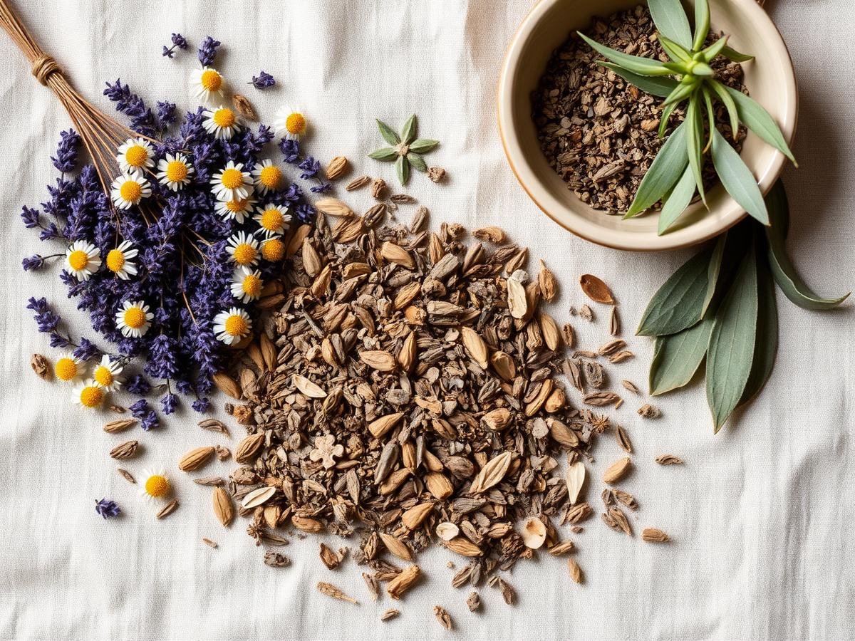 Dried chamomile, lavender and sage arranged on cream linen